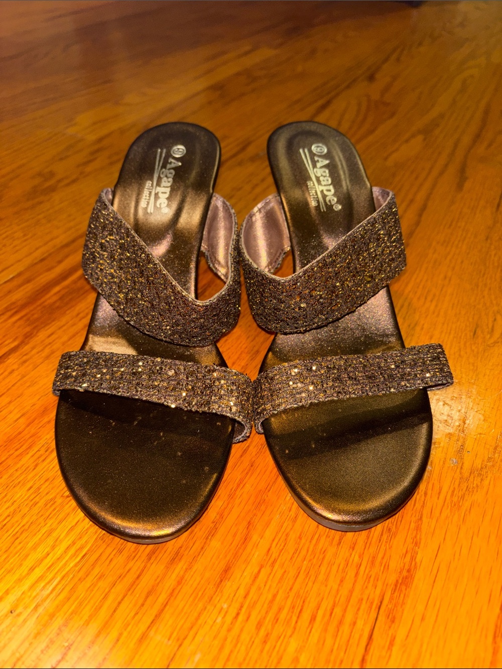 Agape Brown Glitter Double-Strap Heeled Sandals